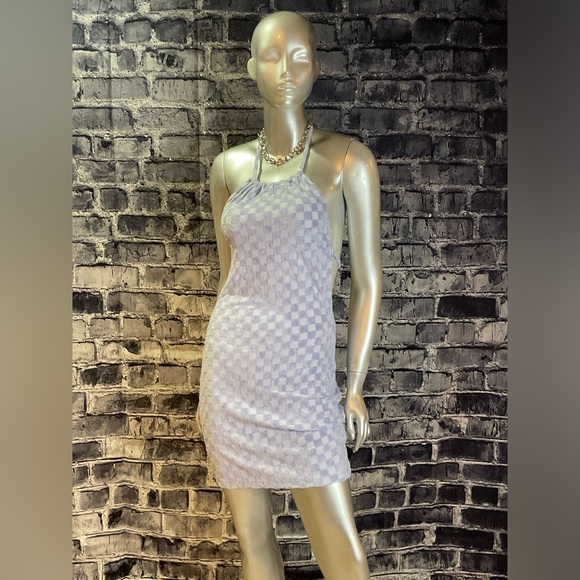 Baby Blue Checkered Print Halter Mini Dress - Picture 4 of 9